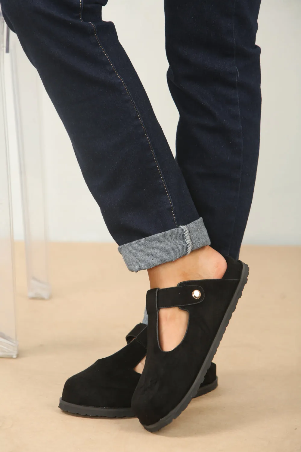 SLIP ON SPLIT BLACK SUEDE CLOGS WITH BUCKLE