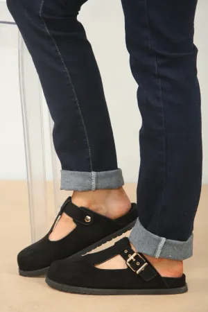 SLIP ON SPLIT BLACK SUEDE CLOGS WITH BUCKLE