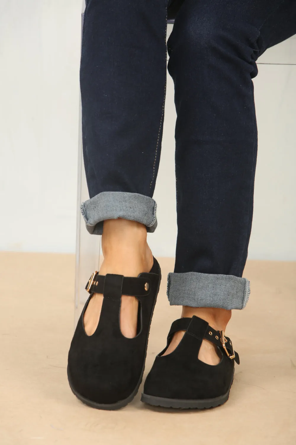 SLIP ON SPLIT BLACK SUEDE CLOGS WITH BUCKLE