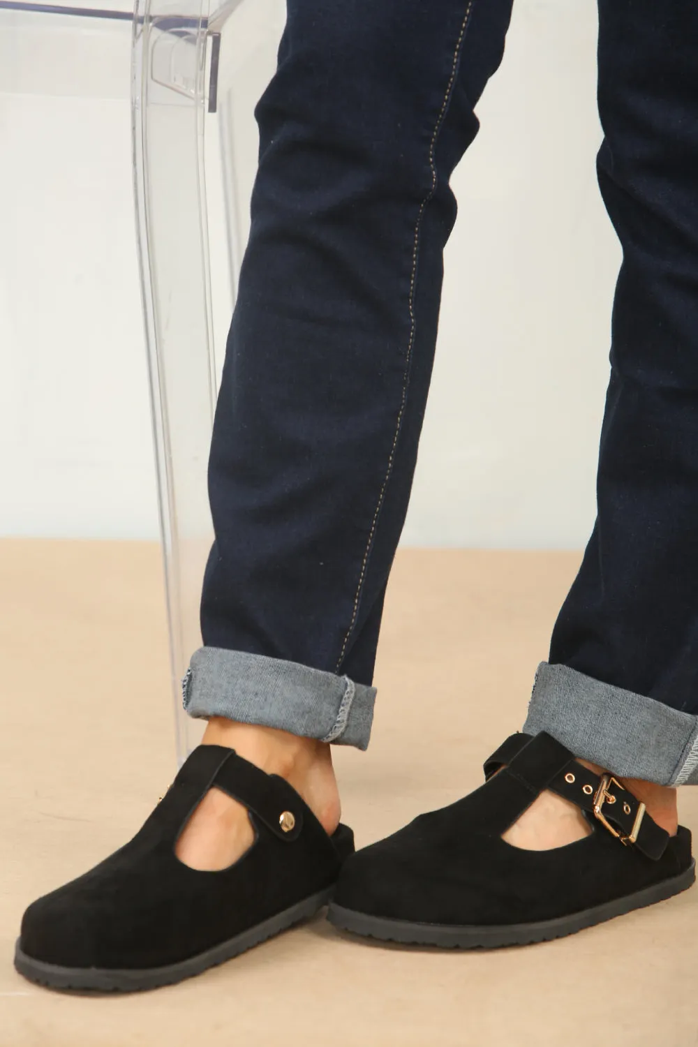 SLIP ON SPLIT BLACK SUEDE CLOGS WITH BUCKLE