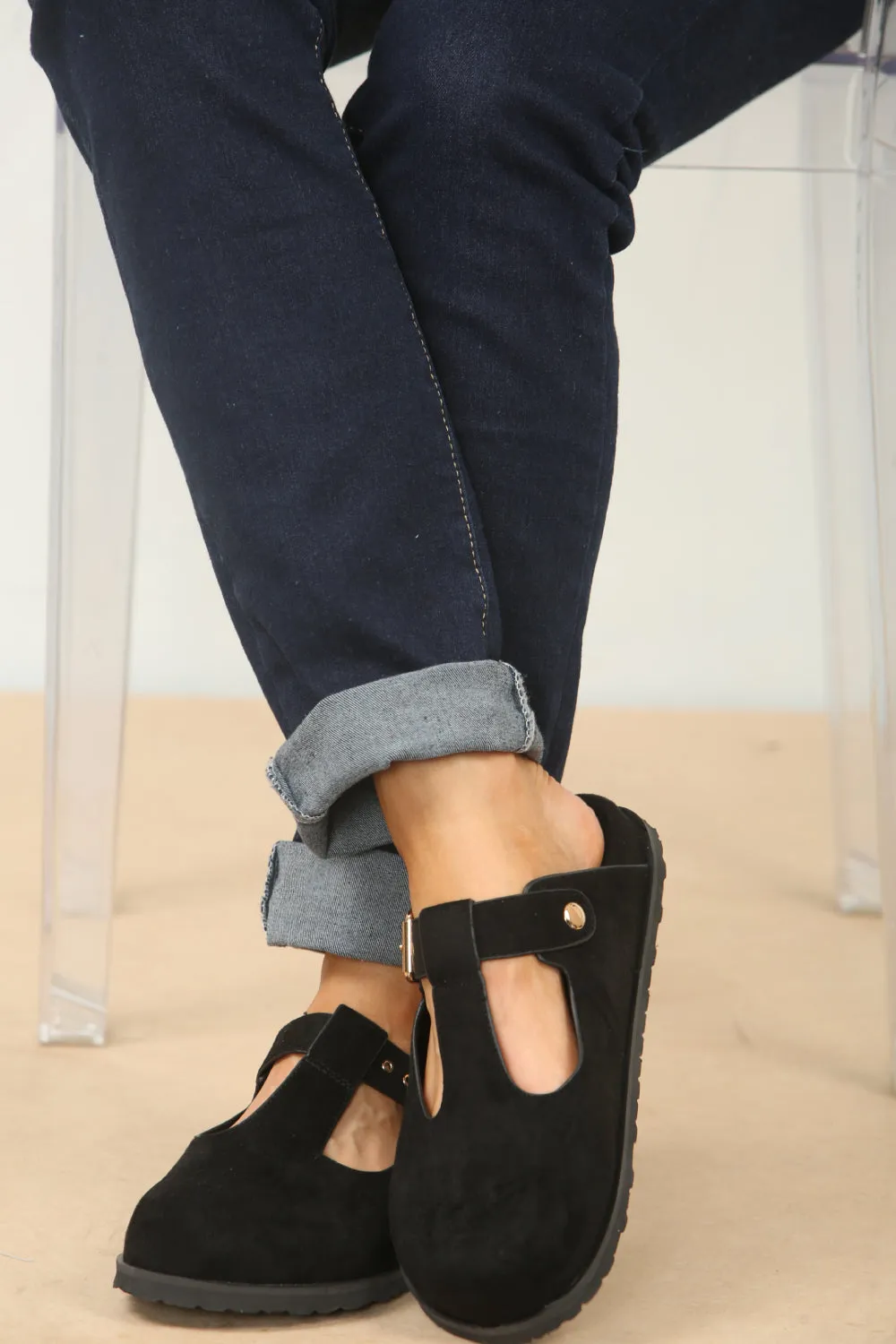 SLIP ON SPLIT BLACK SUEDE CLOGS WITH BUCKLE