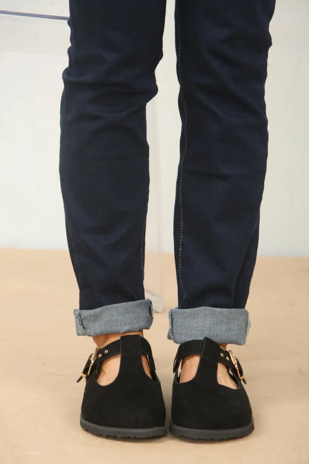 SLIP ON SPLIT BLACK SUEDE CLOGS WITH BUCKLE