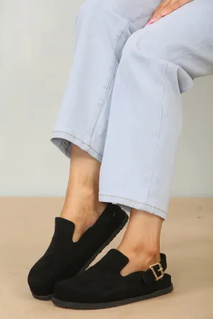 SPLIT BLACK SUEDE CLOGS WITH BUCKLE