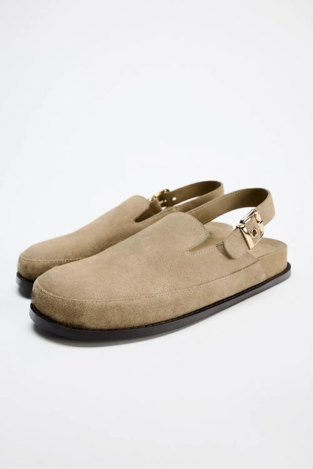SPLIT KHAKI SUEDE CLOGS WITH BUCKLE