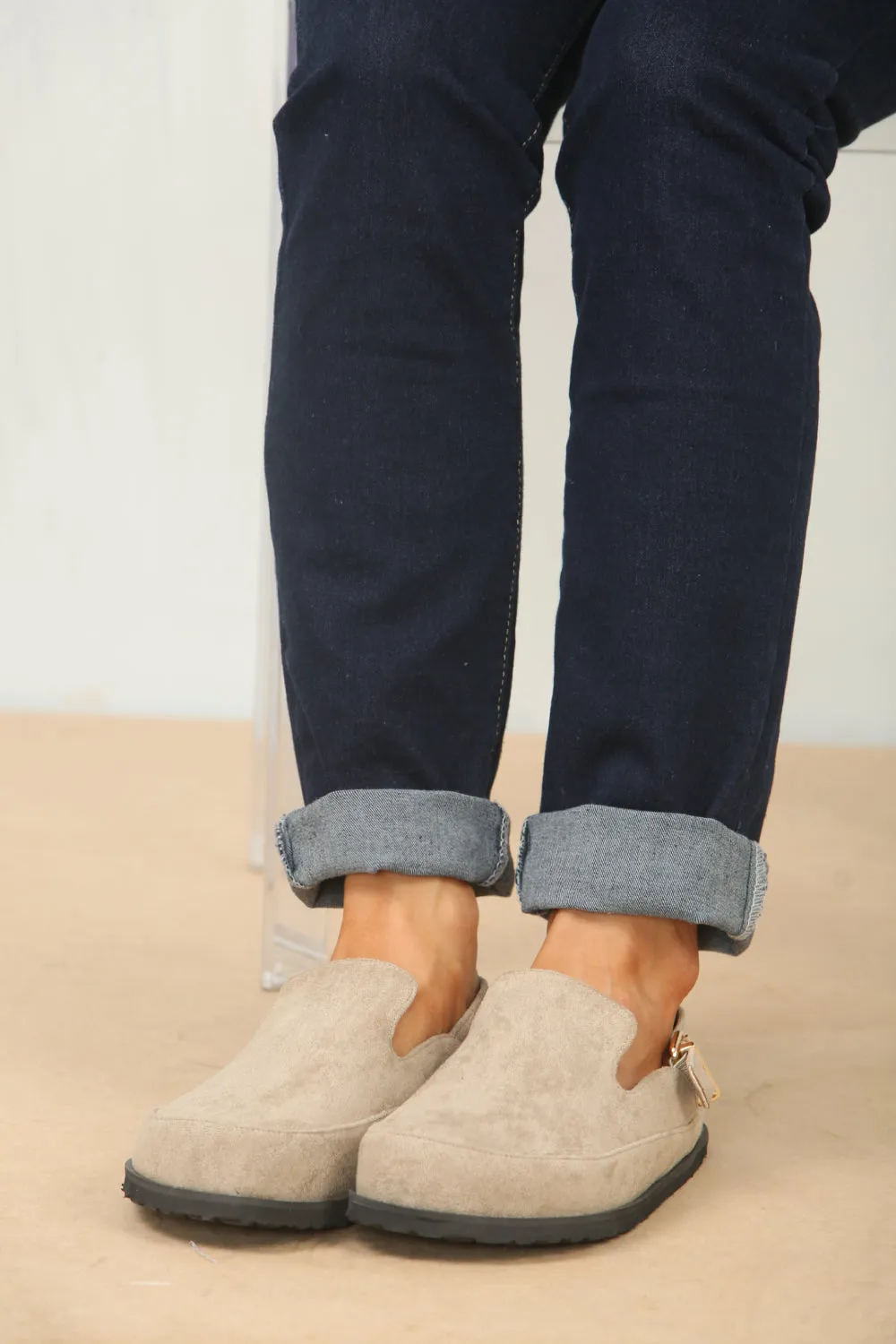 SPLIT KHAKI SUEDE CLOGS WITH BUCKLE