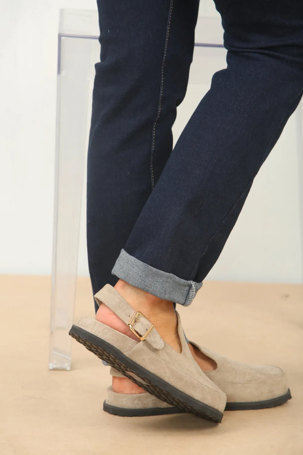 SPLIT KHAKI SUEDE CLOGS WITH BUCKLE