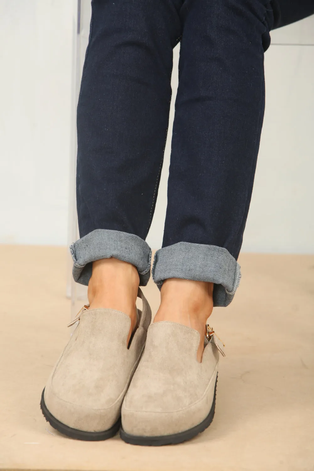 SPLIT KHAKI SUEDE CLOGS WITH BUCKLE