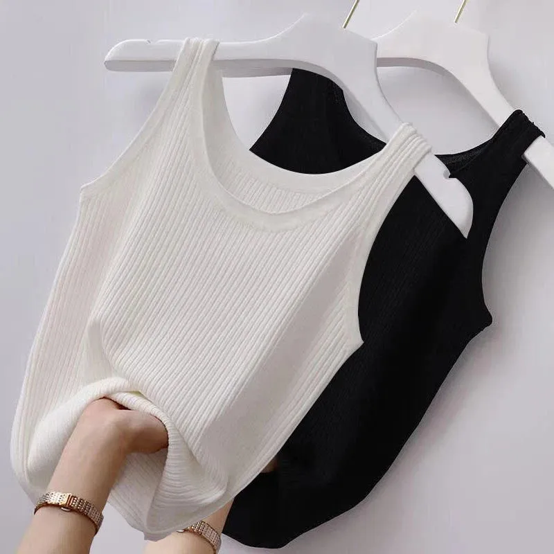 Summer Knit Vest Top Sleeveless O Neck Women Camisole Slim Tank Tees in Black or White