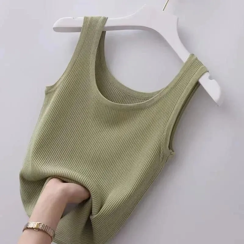 Summer Knit Vest Top Sleeveless O Neck Women Camisole Slim Tank Tees in Black or White