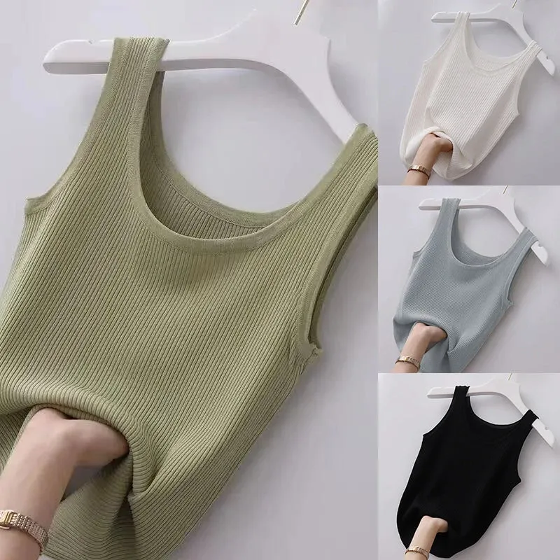Summer Knit Vest Top Sleeveless O Neck Women Camisole Slim Tank Tees in Black or White