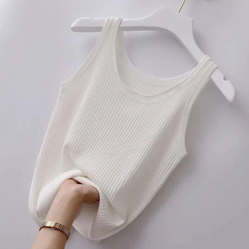 Summer Knit Vest Top Sleeveless O Neck Women Camisole Slim Tank Tees in Black or White