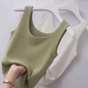 Summer Knit Vest Top Sleeveless O Neck Women Camisole Slim Tank Tees in Black or White