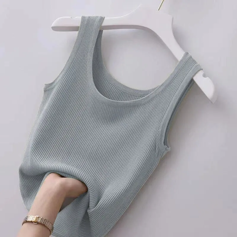 Summer Knit Vest Top Sleeveless O Neck Women Camisole Slim Tank Tees in Black or White