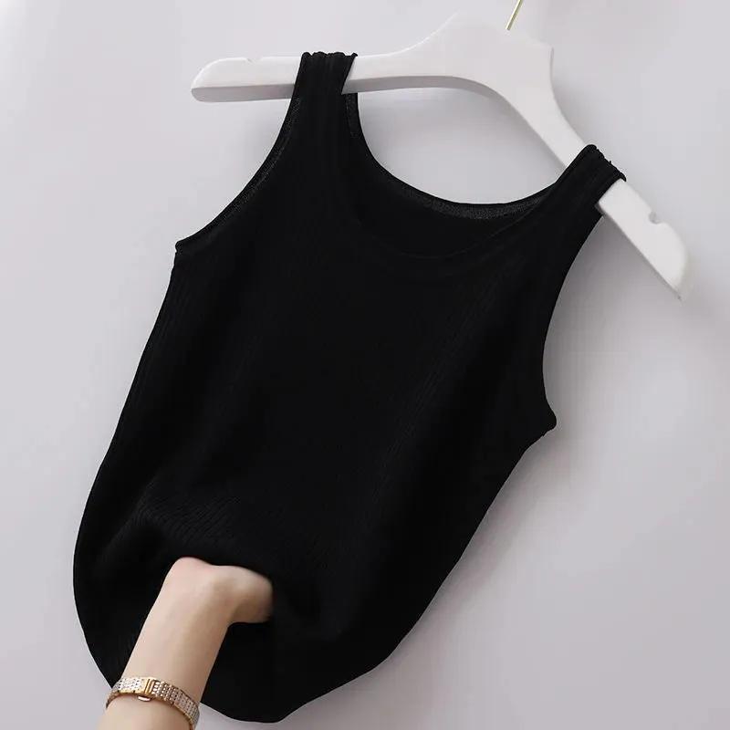 Summer Knit Vest Top Sleeveless O Neck Women Camisole Slim Tank Tees in Black or White
