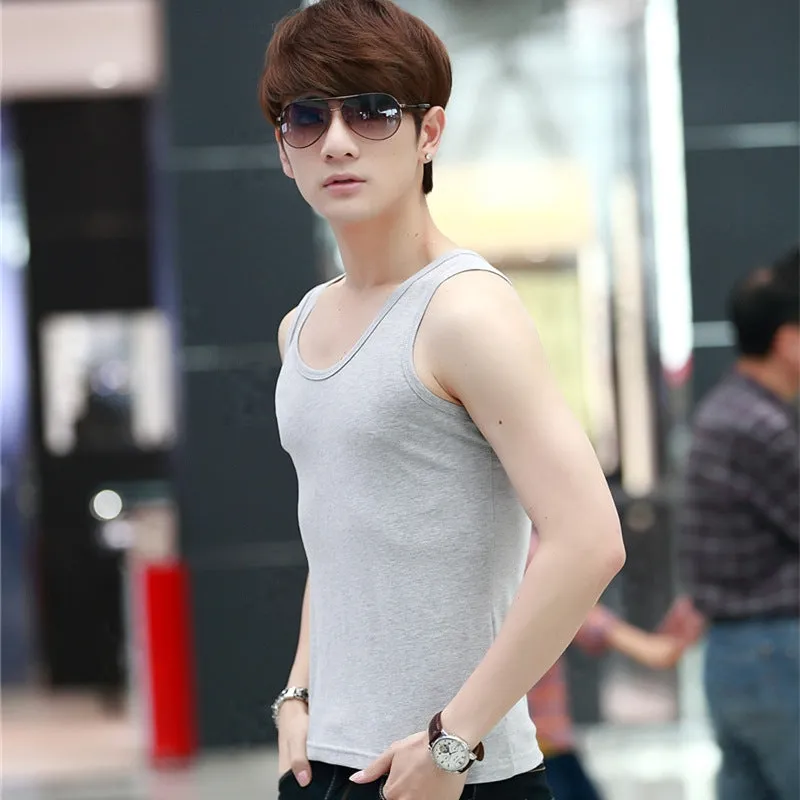 Summer Stretchable Cotton Men Tank Top Korean Slim Look Solid Colored Breathable Sporty Tank Top