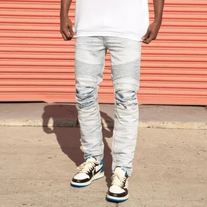 Victorious CREASED BIKER DENIM JEANS (CLOUD BLUE)
