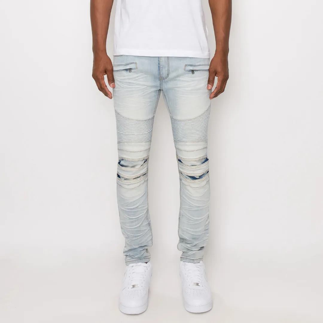 Victorious CREASED BIKER DENIM JEANS (CLOUD BLUE)