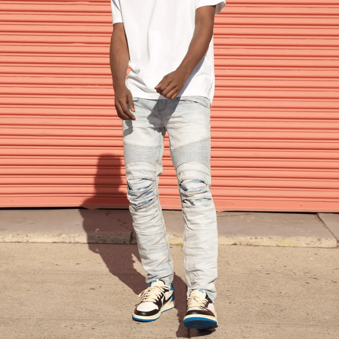 Victorious CREASED BIKER DENIM JEANS (CLOUD BLUE)