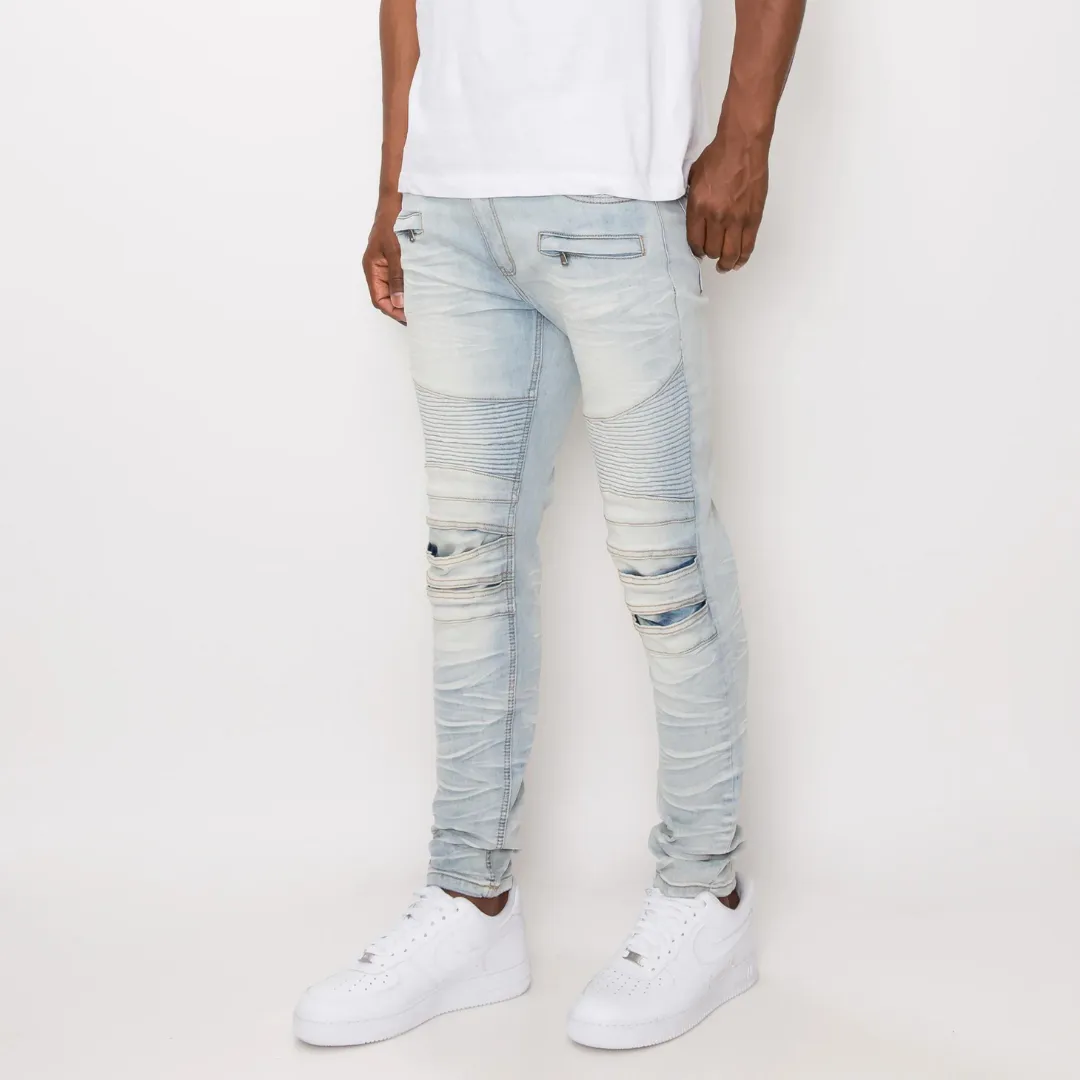 Victorious CREASED BIKER DENIM JEANS (CLOUD BLUE)