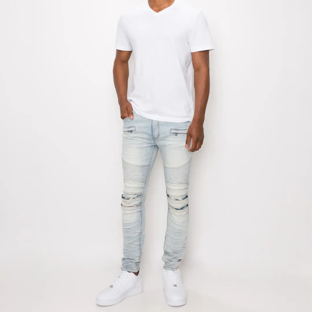 Victorious CREASED BIKER DENIM JEANS (CLOUD BLUE)