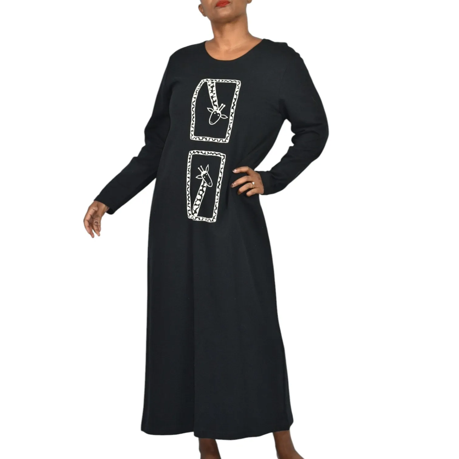Vintage Cite Giraffe Knit Dress Black Maxi Wearable Art Graphic Lounge Casual Size Small