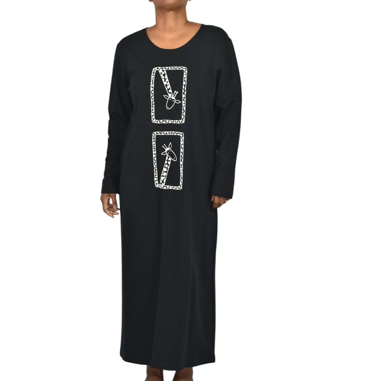 Vintage Cite Giraffe Knit Dress Black Maxi Wearable Art Graphic Lounge Casual Size Small