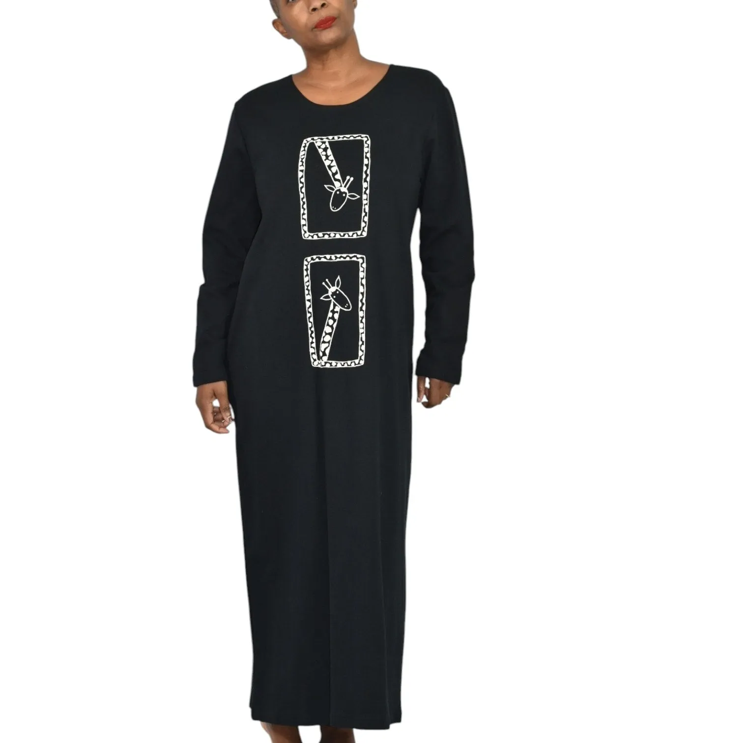 Vintage Cite Giraffe Knit Dress Black Maxi Wearable Art Graphic Lounge Casual Size Small