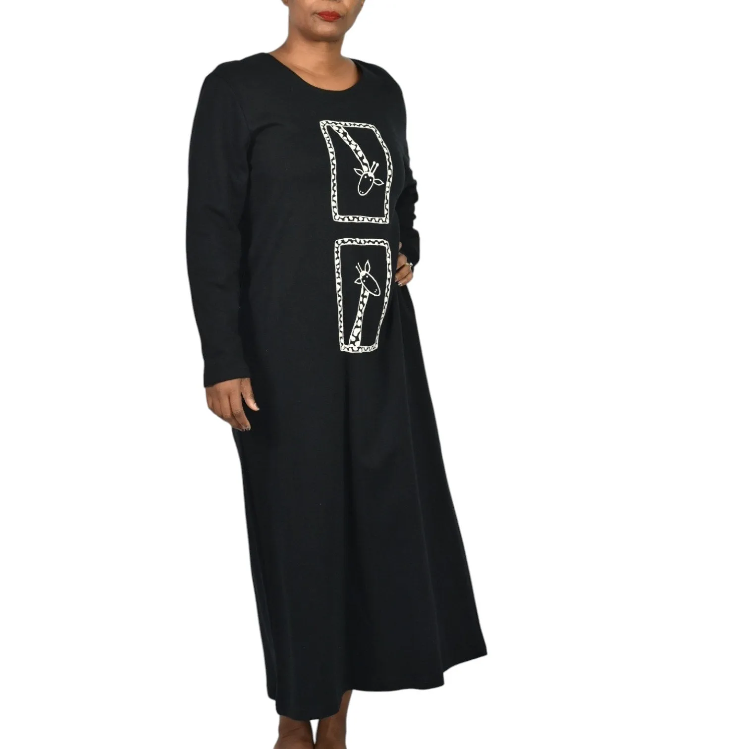 Vintage Cite Giraffe Knit Dress Black Maxi Wearable Art Graphic Lounge Casual Size Small
