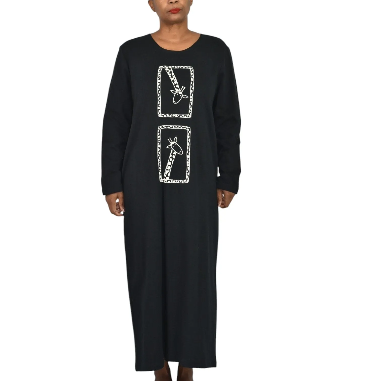Vintage Cite Giraffe Knit Dress Black Maxi Wearable Art Graphic Lounge Casual Size Small