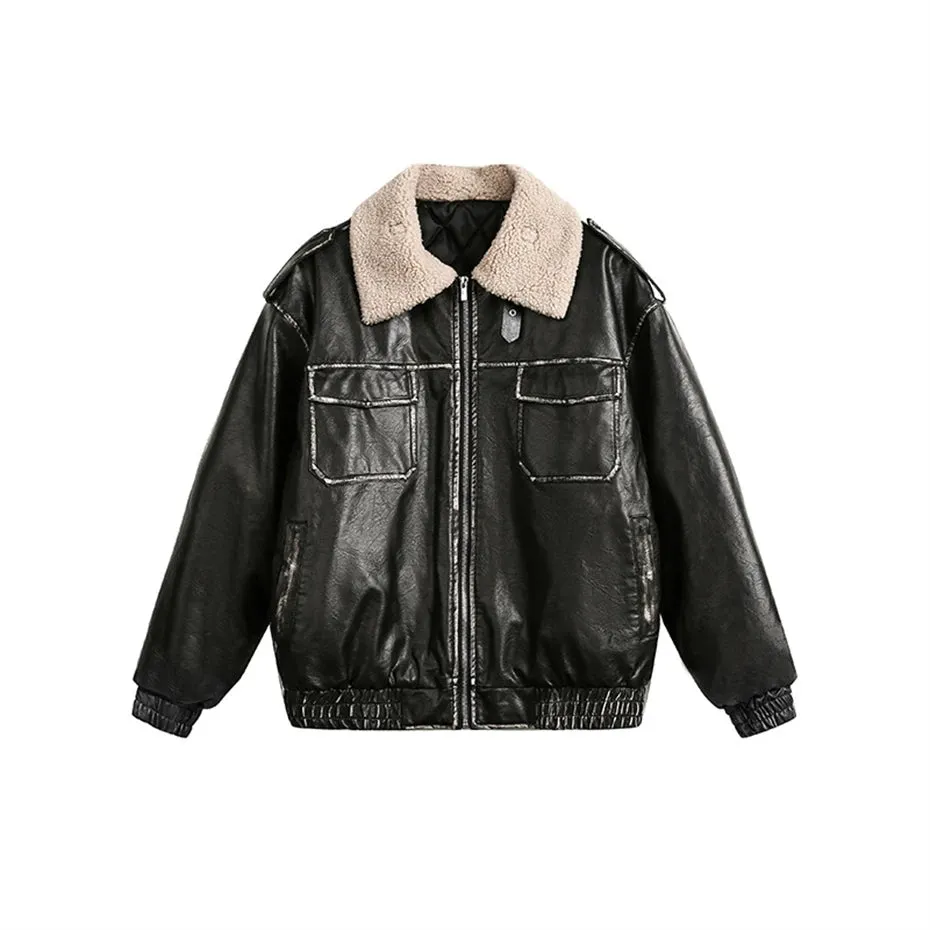 WIAOFELLAS  -  Retro PU Leather Jacket Men Winter Thick Lamb Jacket Coat Men Oversized Streetwear Hip Hop Zip Up Windbreaker Black Brown Jacket