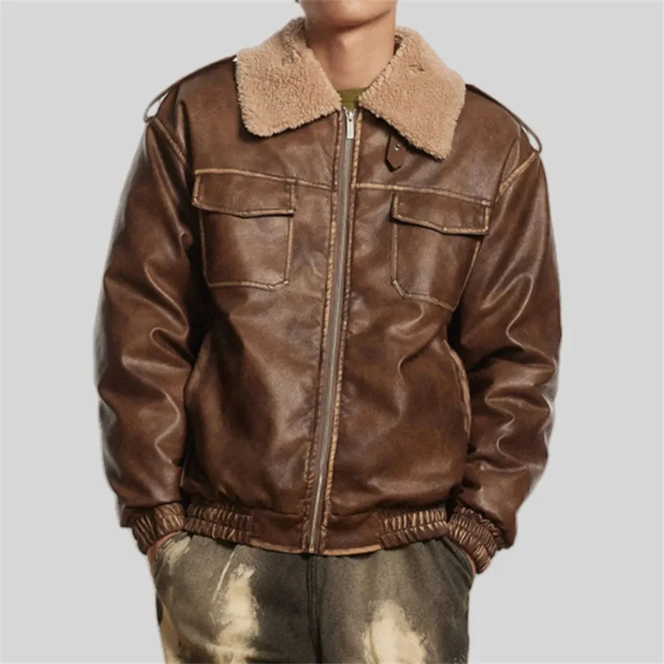 WIAOFELLAS  -  Retro PU Leather Jacket Men Winter Thick Lamb Jacket Coat Men Oversized Streetwear Hip Hop Zip Up Windbreaker Black Brown Jacket