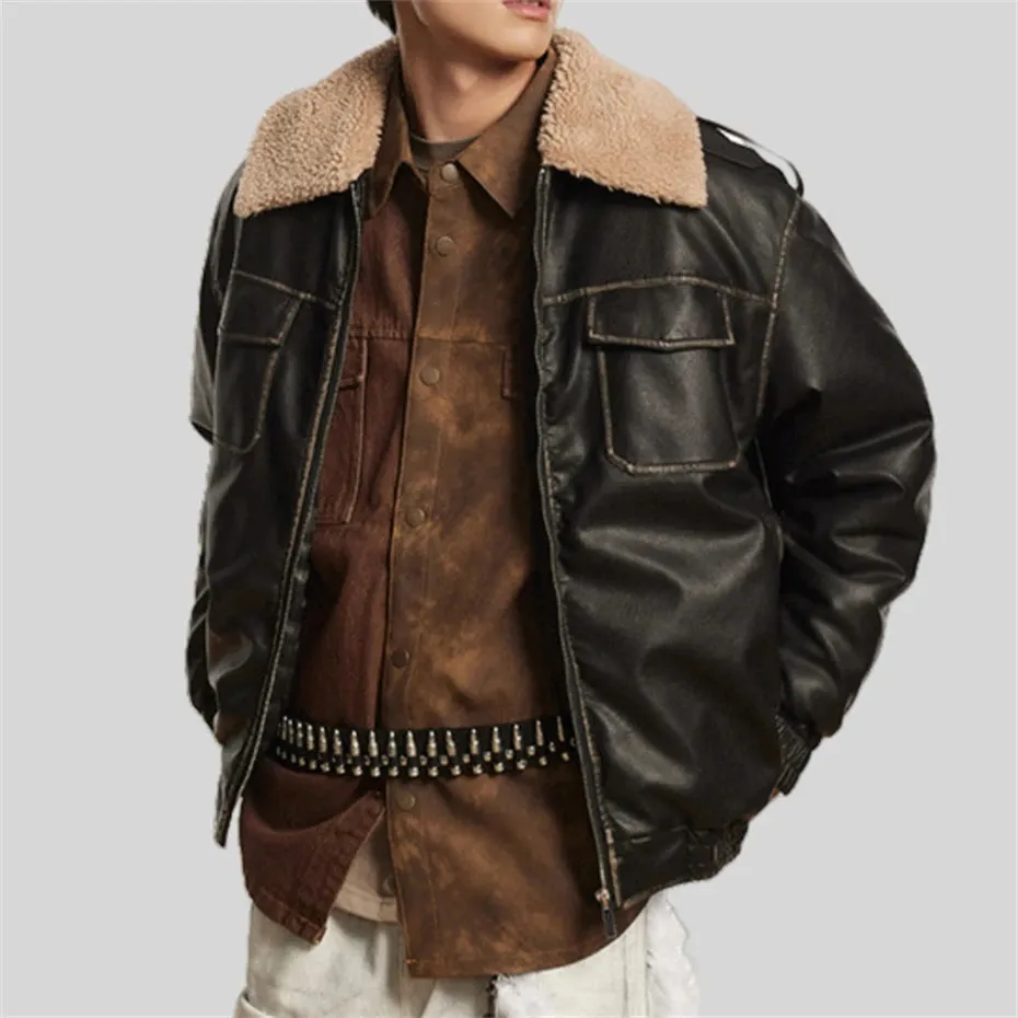 WIAOFELLAS  -  Retro PU Leather Jacket Men Winter Thick Lamb Jacket Coat Men Oversized Streetwear Hip Hop Zip Up Windbreaker Black Brown Jacket