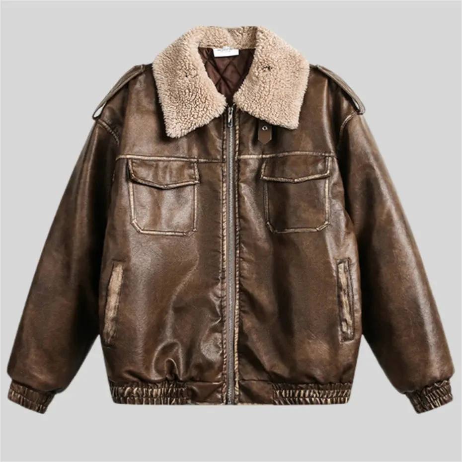 WIAOFELLAS  -  Retro PU Leather Jacket Men Winter Thick Lamb Jacket Coat Men Oversized Streetwear Hip Hop Zip Up Windbreaker Black Brown Jacket