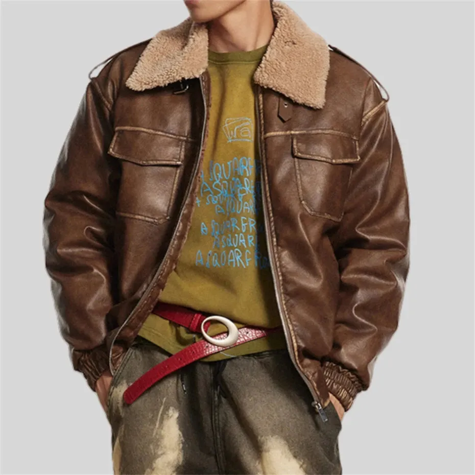 WIAOFELLAS  -  Retro PU Leather Jacket Men Winter Thick Lamb Jacket Coat Men Oversized Streetwear Hip Hop Zip Up Windbreaker Black Brown Jacket