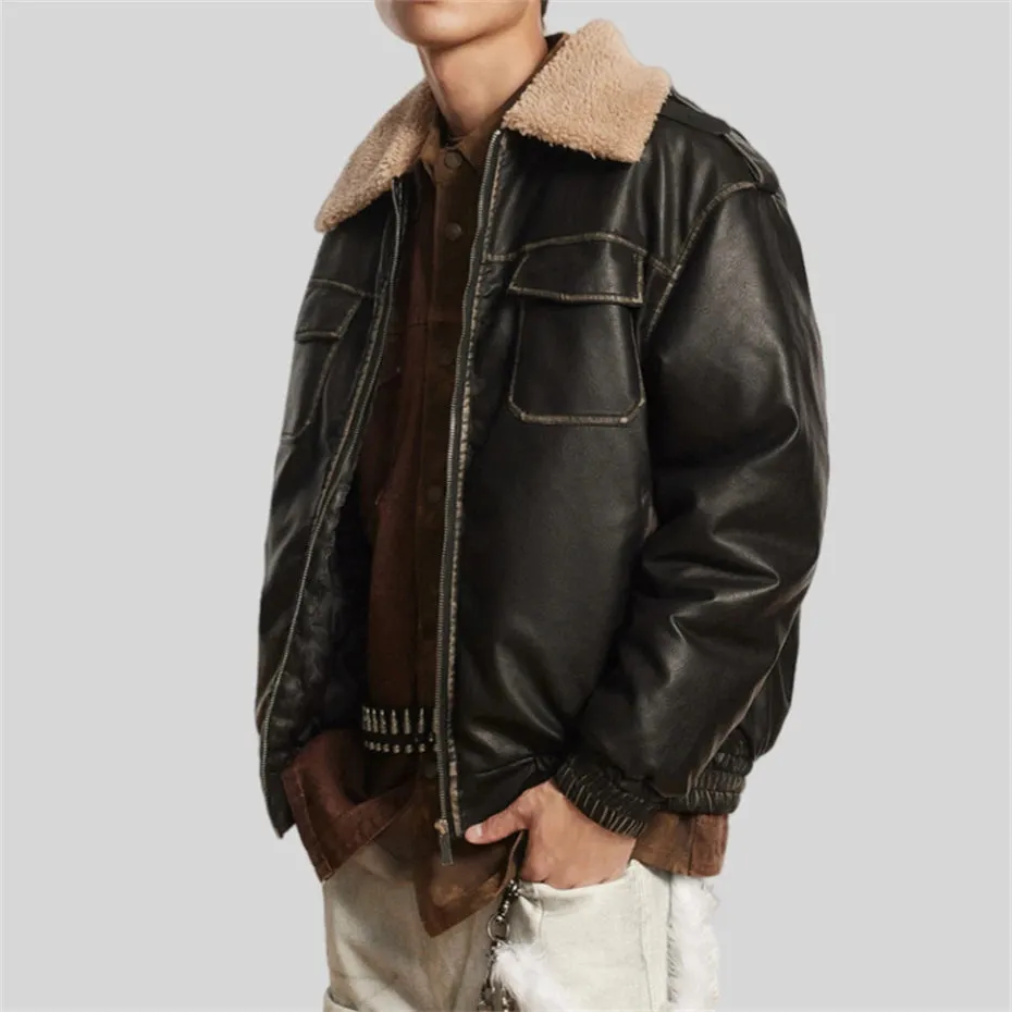 WIAOFELLAS  -  Retro PU Leather Jacket Men Winter Thick Lamb Jacket Coat Men Oversized Streetwear Hip Hop Zip Up Windbreaker Black Brown Jacket