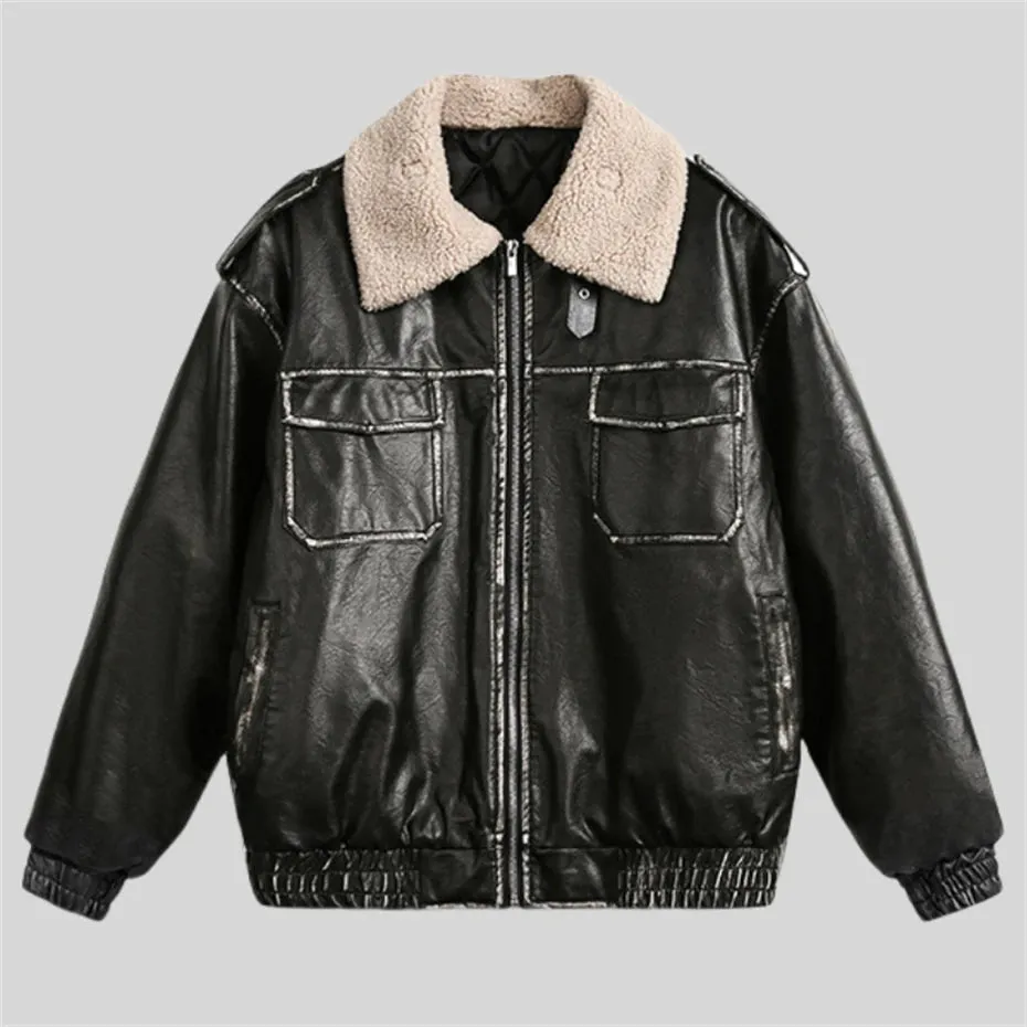 WIAOFELLAS  -  Retro PU Leather Jacket Men Winter Thick Lamb Jacket Coat Men Oversized Streetwear Hip Hop Zip Up Windbreaker Black Brown Jacket