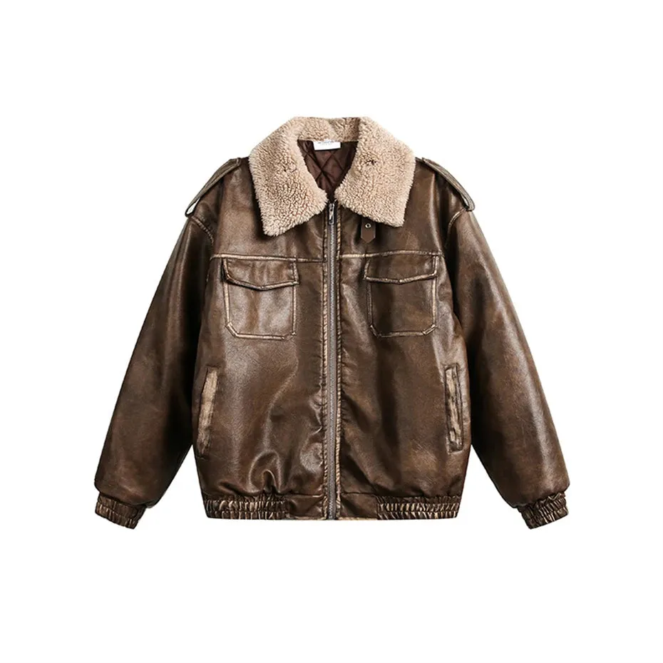 WIAOFELLAS  -  Retro PU Leather Jacket Men Winter Thick Lamb Jacket Coat Men Oversized Streetwear Hip Hop Zip Up Windbreaker Black Brown Jacket